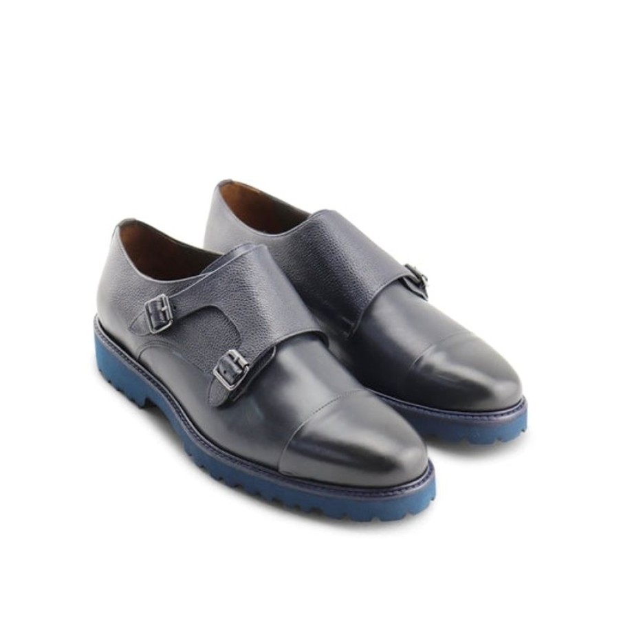 Uomo Otisopse | Scarpe Doppia Fibbia In Pelle Blu Con Suola In Vibram